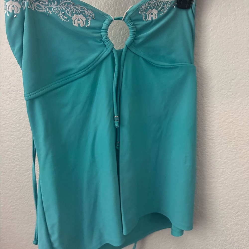 Turquoise Halter Top with White Embroidery